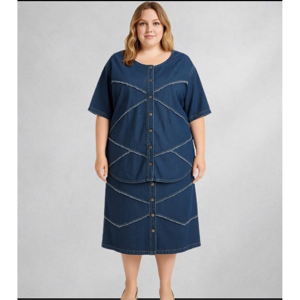 Erica Brooke Women’s 2-Piece Denim Set Plus Size 16 & 20 Frayed Skirt Top Vtg